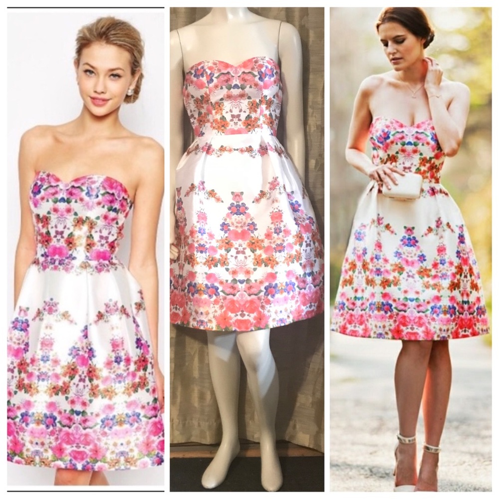 Chi Chi London White Floral Strapless Special Occasion Party Dress